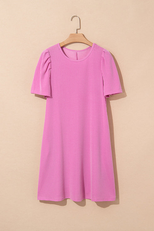 Corded Knit Crew Neck Puff Sleeve Shift Mini Dress